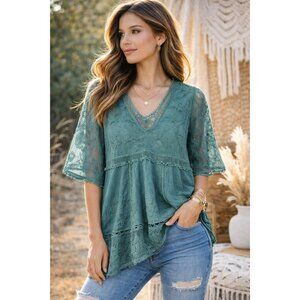 Boho Crochet Lace Tunic Top Sheer V Neck One Size Flowy Teal Green womens